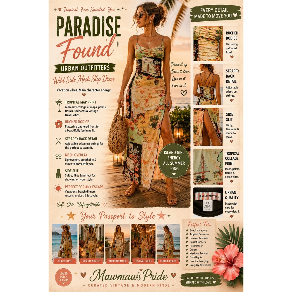 Urban Outfitters Wild Side Mesh Slip Dress Paradise Map Tropical Y2K Fairycore L